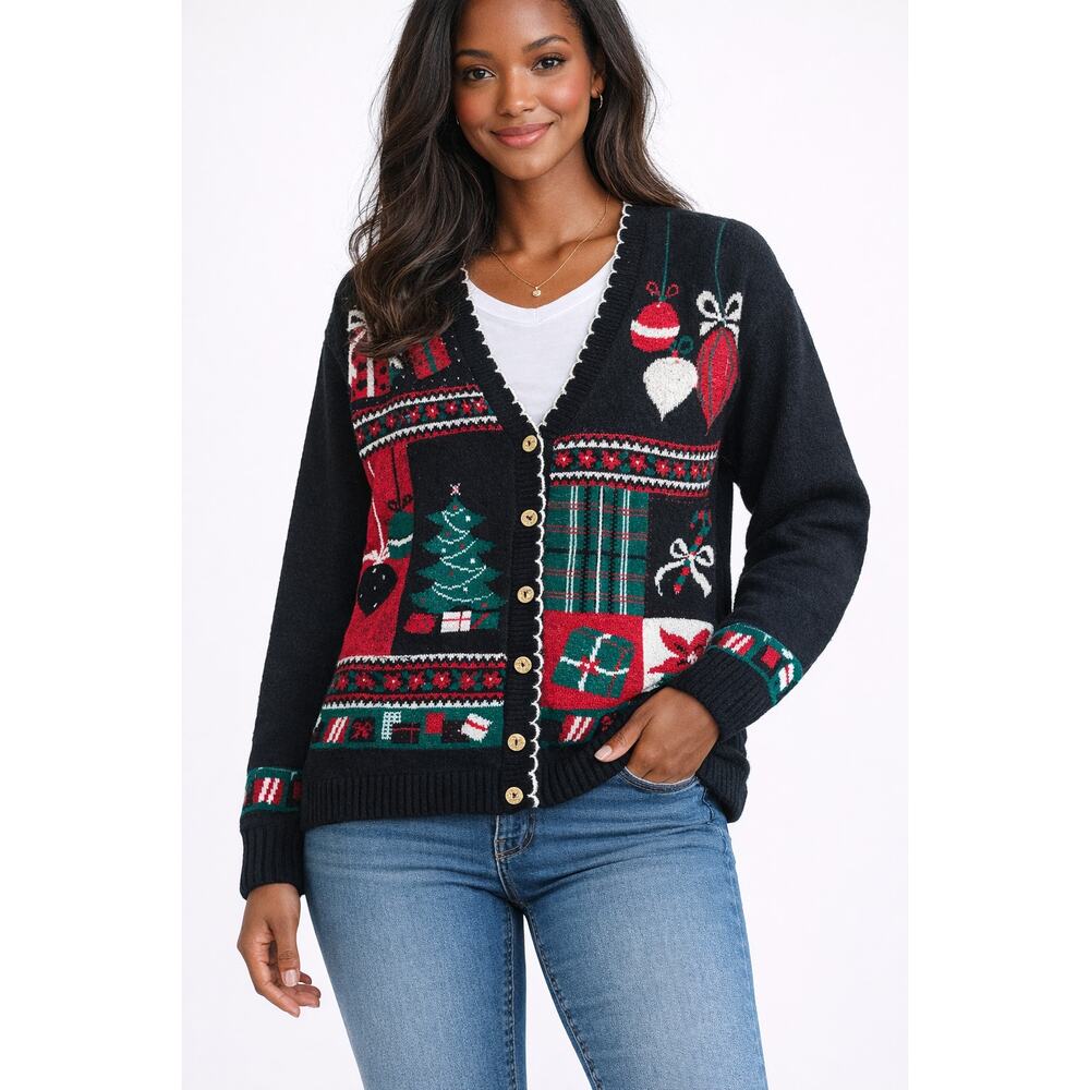 Vintage 90s Black Ugly Christmas Tree Sweater by Nutcracker Womens Size Medium